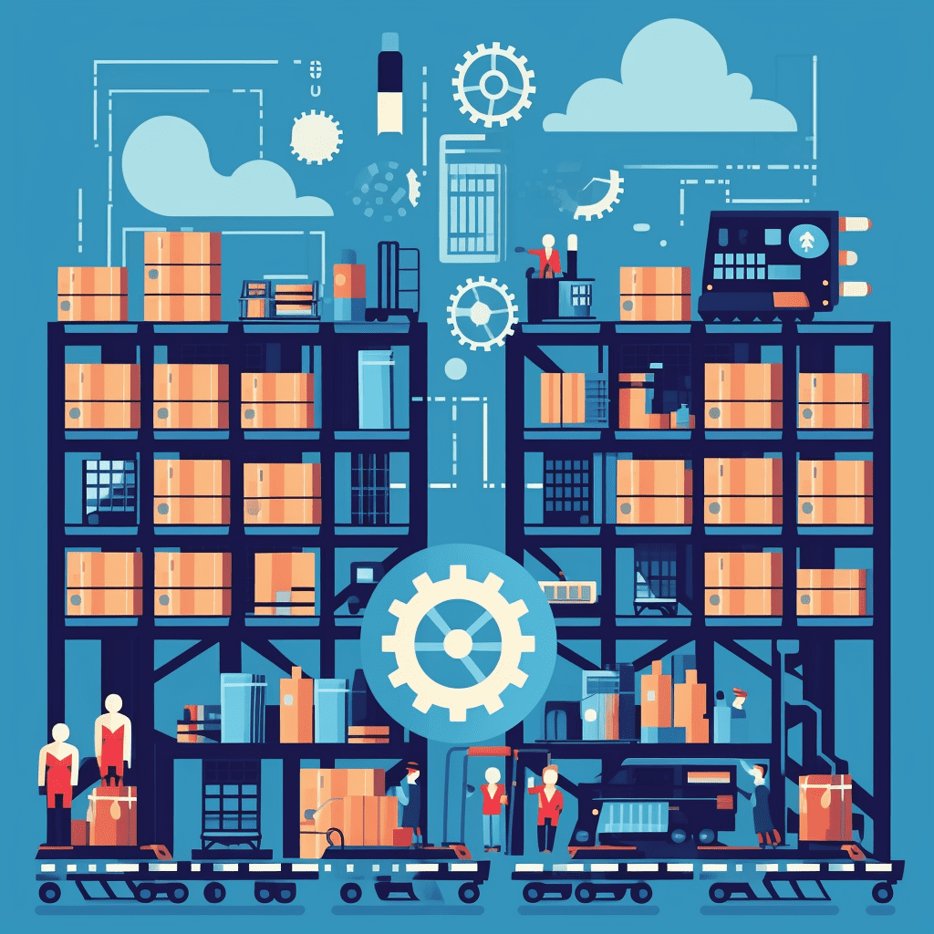 an image that showcases intelligent inventory management, including elements like a warehouse, barcodes, and interconnected gears, to represent the optimization and efficiency in stock control.