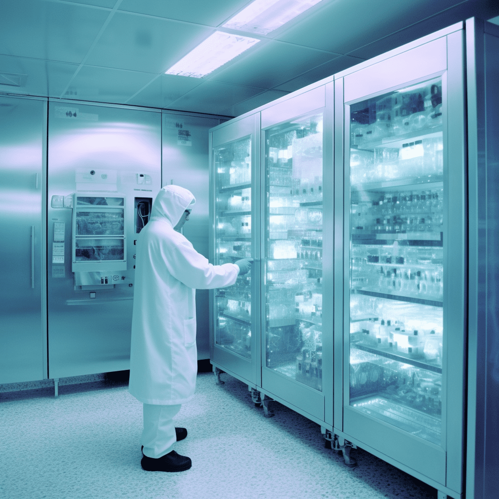 High tech photograph of a pharmaceutical refrigerator shown in a laboratory being used by a scientist.