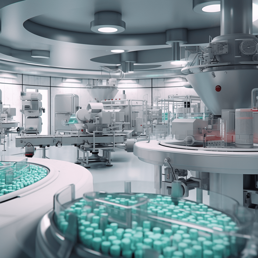 Photorealistic pharamceutical pill manufacturing plant with automation robots making the pills