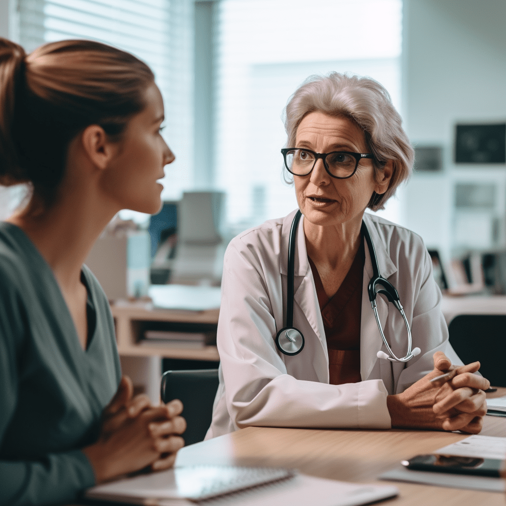 Women talking to a women doctor