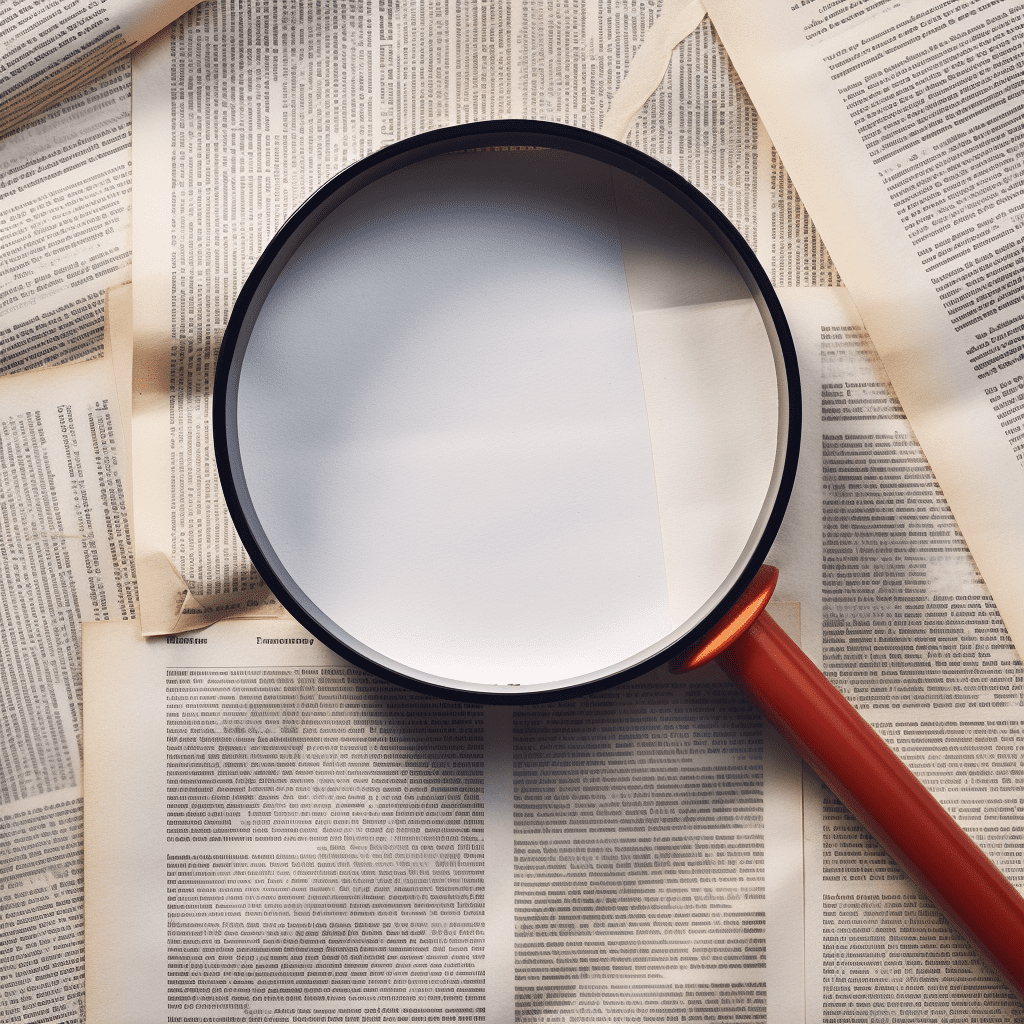 Magnifying glass focusing on one white academic paper